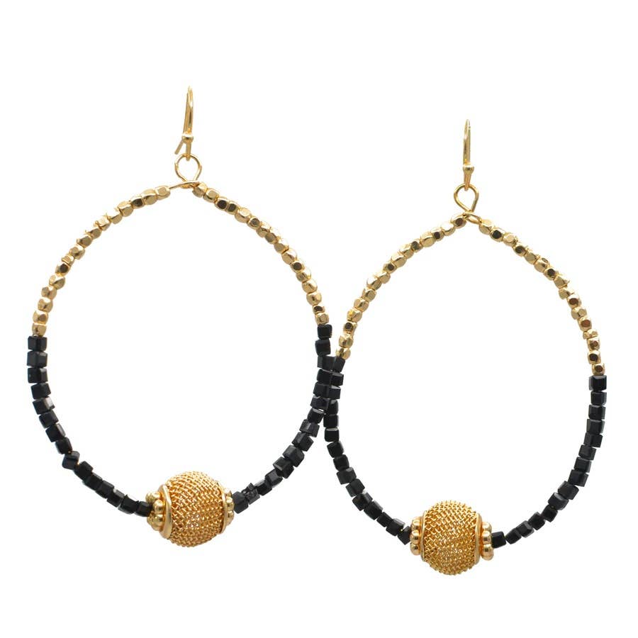 Tazza Gold Ball And Black Beads Drop Earrings